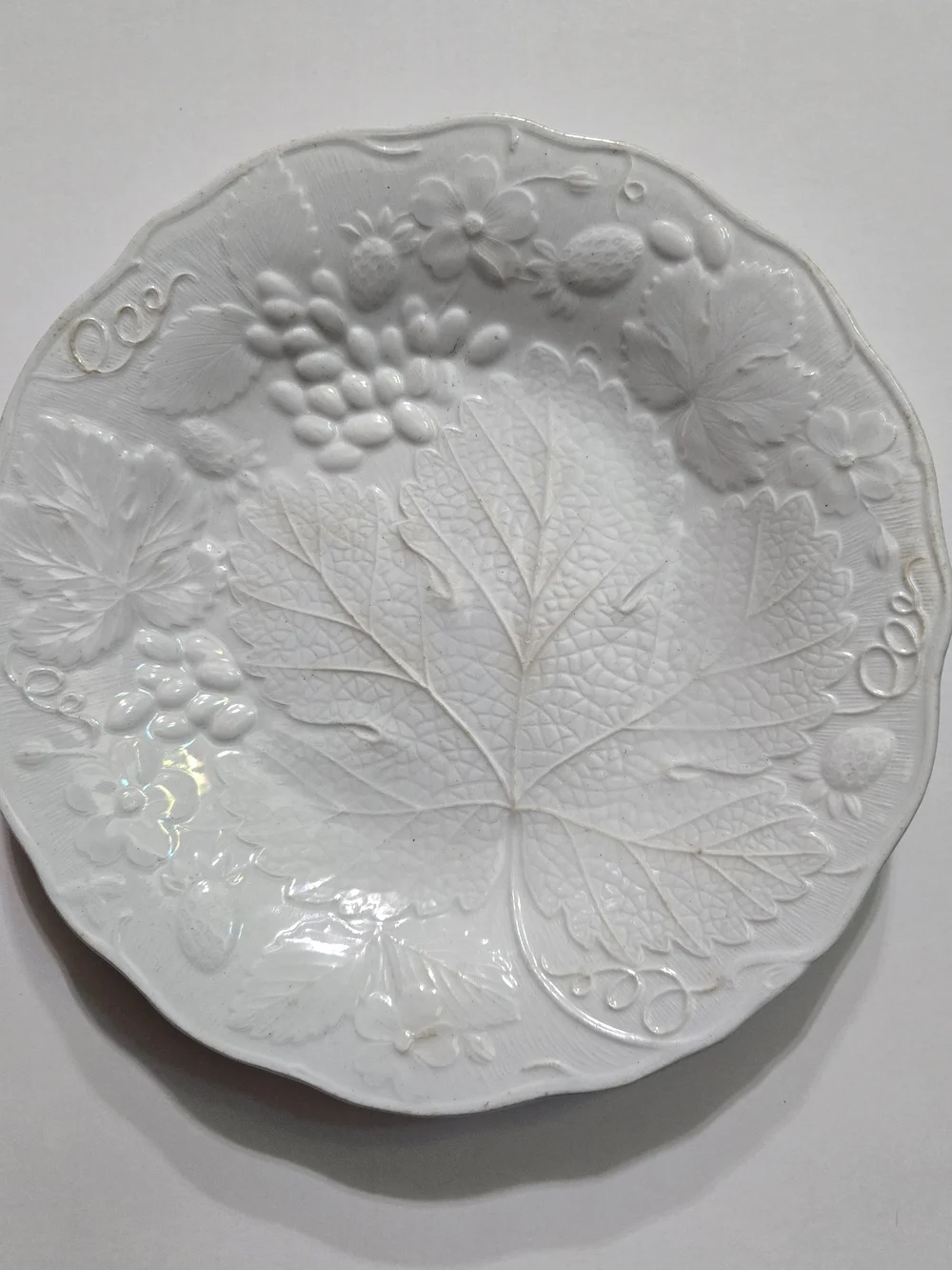 Antique Barrow & Co Ironstone Plate Fruit Garden White Embossed 1850s Rare